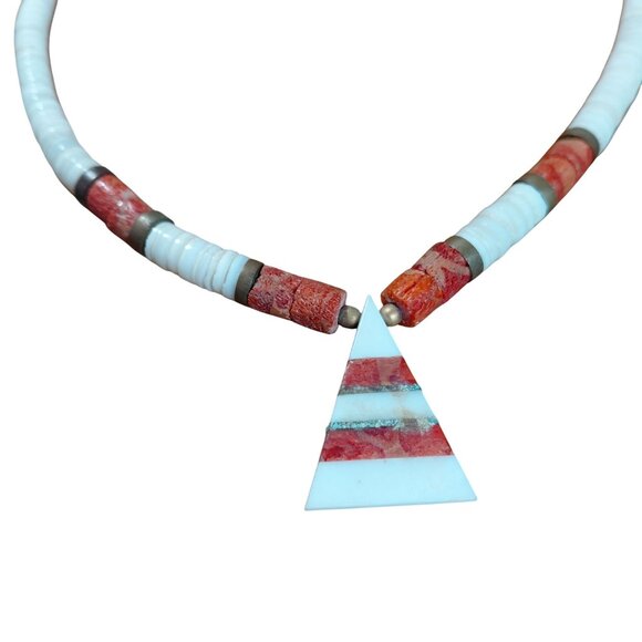 Vintage puka heishi coral pendant necklace abalone - Picture 2 of 5